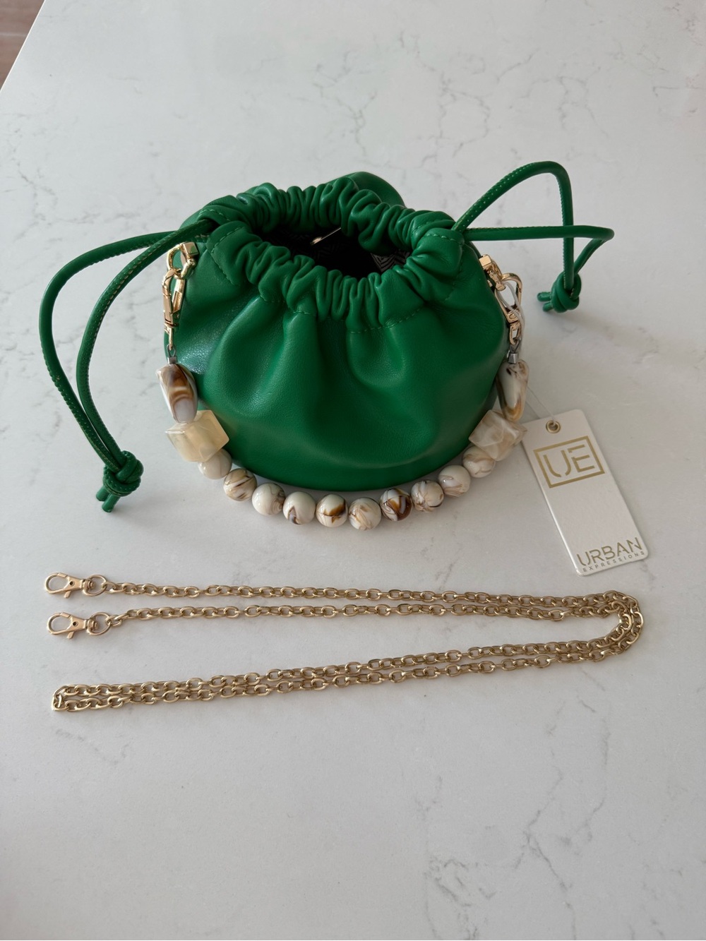 Urban Expressions Green Mini Drawstring Bag with Beaded Handle